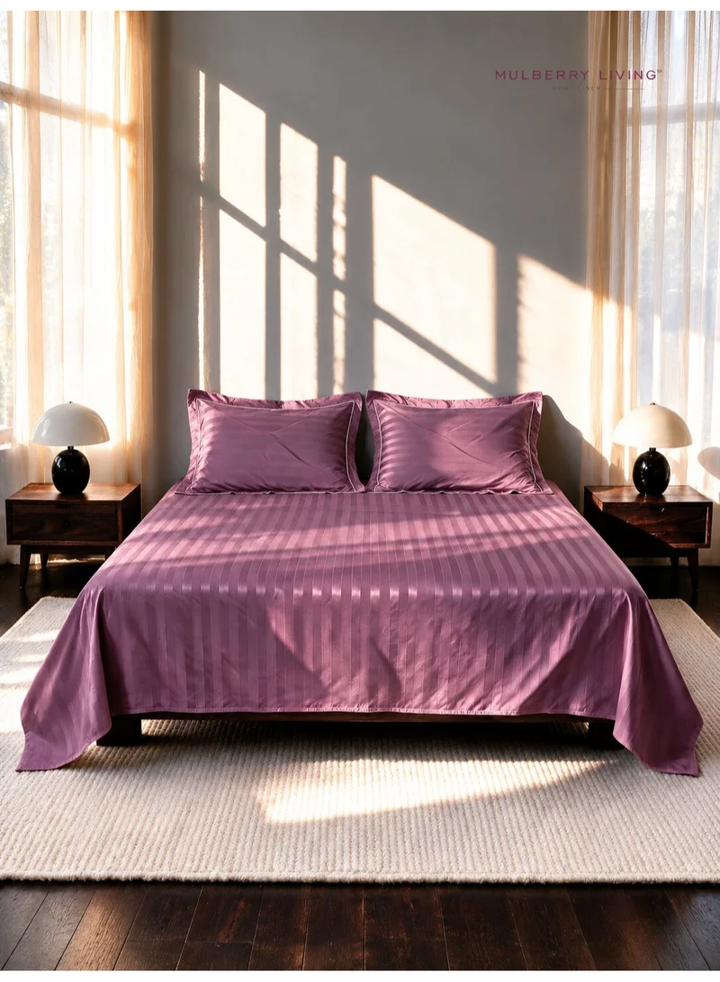 Mulberry Living 100% Cotton Queen Flat Bedsheet with 2 Pillow covers - 300Tc Elysian Stripes - Plum