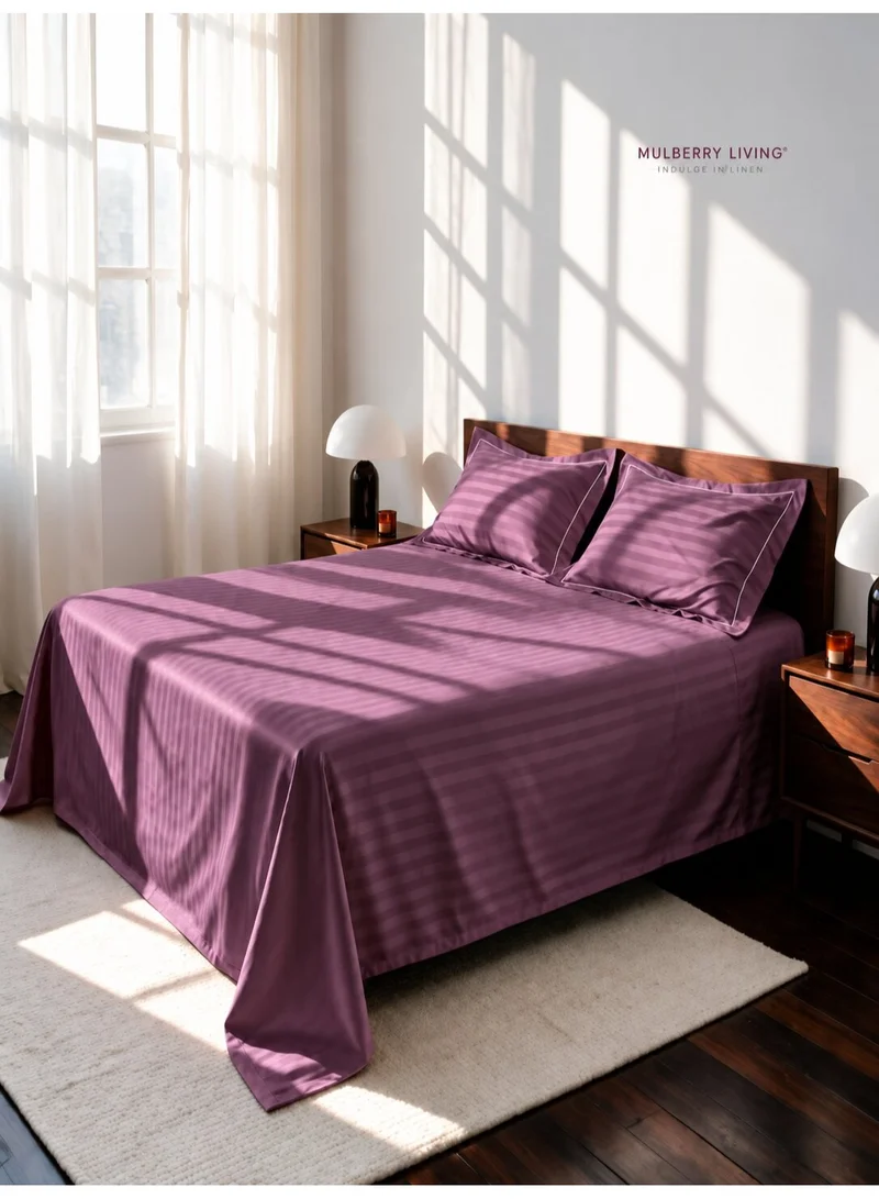Mulberry Living 100% Cotton Queen Flat Bedsheet with 2 Pillow covers - 300Tc Elysian Stripes - Plum