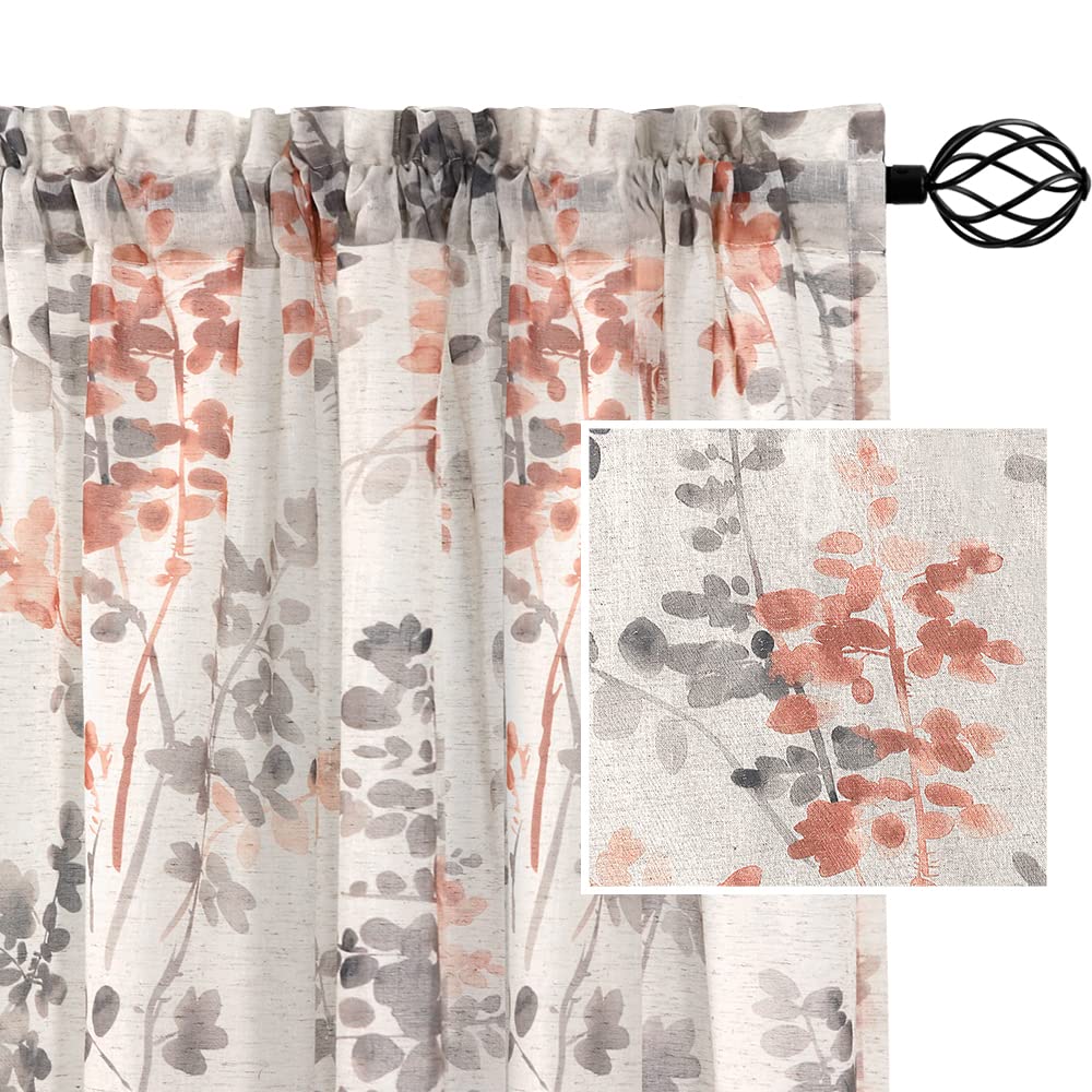 H.VERSAILTEX HVERSAILTEX Linen Sheer Curtains for Living Room Curtains 63 Inches Long Light Filtering Rod Pocket Window Sheer Linen Curtains for Bedroom 2 Panels Classical Floral Printing Coral and Ta