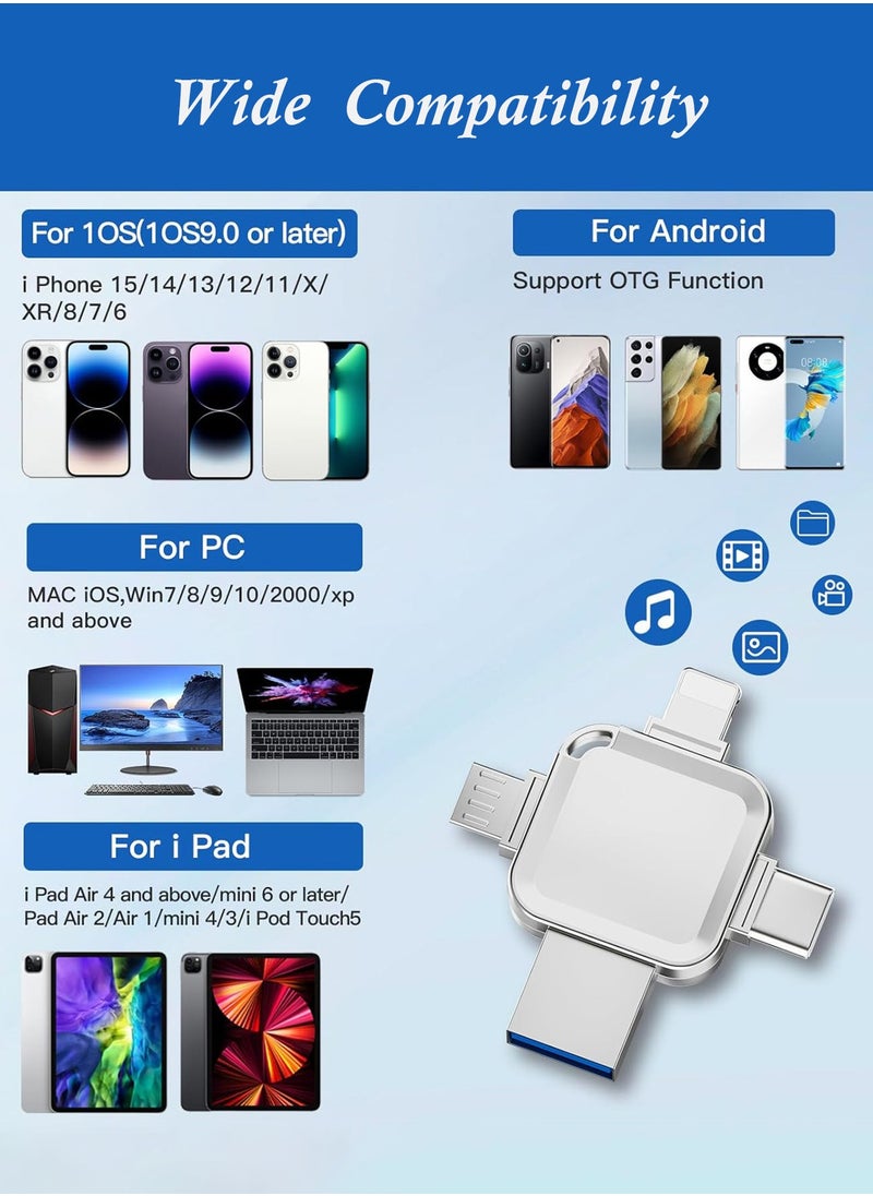 باور_لايف - محرك أقراص فلاش USB 3.0 سعة 128 جيجابايت، ذاكرة 4 في 1 متعددة التحويلات، مع منافذ USB/Type C/Micro USB وLightning لأجهزة iPhone/iPad/iPod/الكمبيوتر/iOS وAndroid/الكمبيوتر الشخصي - Image 1