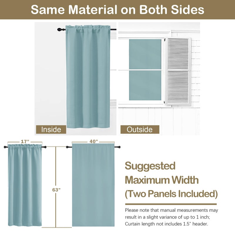 OVZME Aqua Blackout Curtains for Bedroom 63 Inch Length 2 Panels, Protect Privacy Thermal Insulated Solid Curtains for Bedroom, Dual Rod Pocket Window Treatment Blackout Drapes, 2x40Wx63L Inches - Image 2