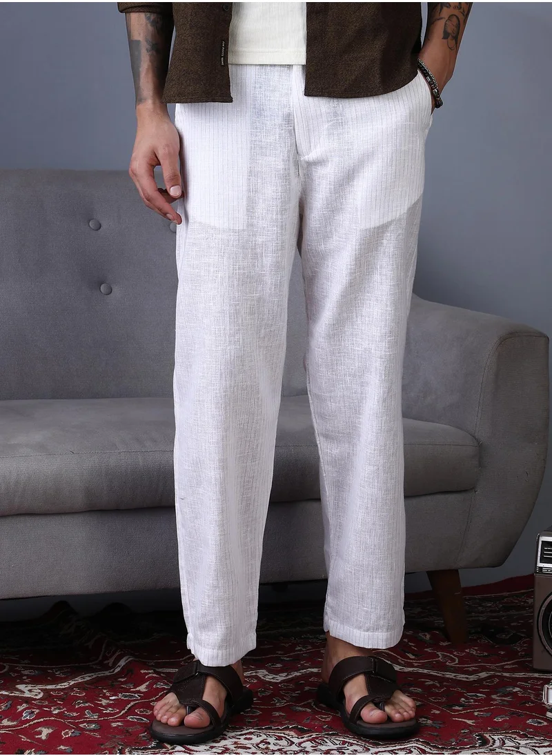 Campus Sutra Campus Sutra Men's Daisy White Pinstriped Casual Trousers For Casual Wear | Mid-Rise | Regular Fit | Button Closure | Trousers Crafted With Comfort Fit For Everyday Wear