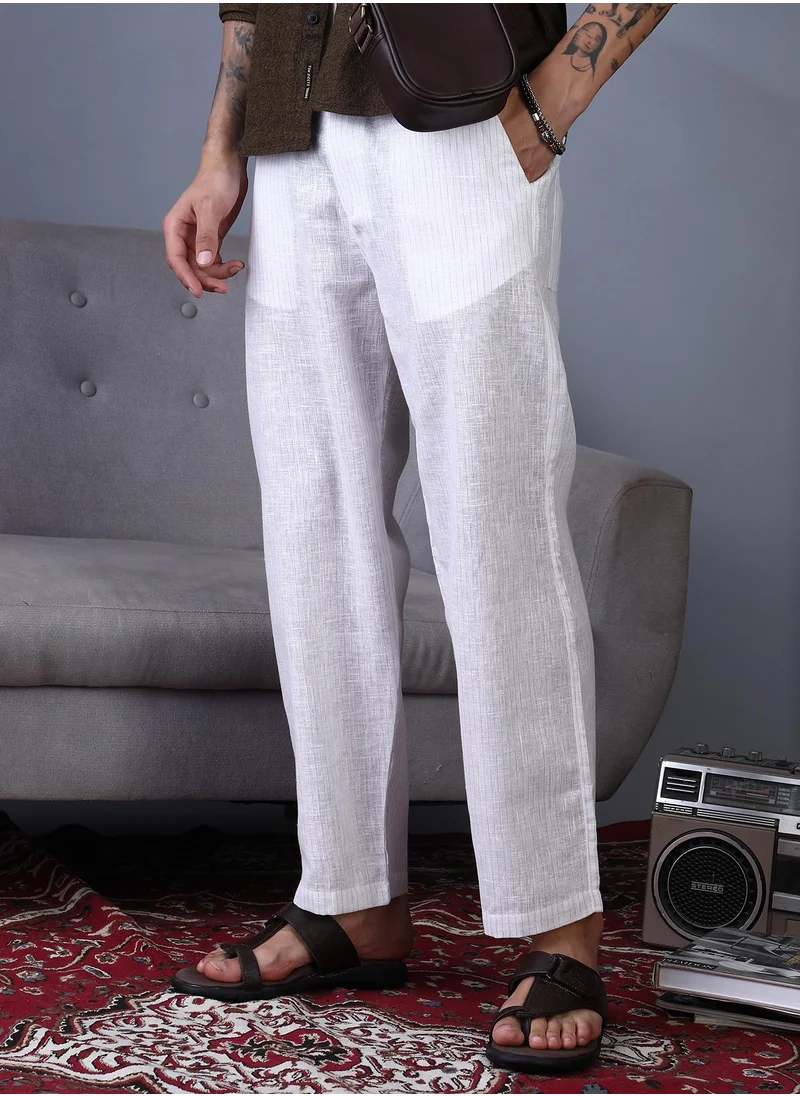 Campus Sutra Campus Sutra Men's Daisy White Pinstriped Casual Trousers For Casual Wear | Mid-Rise | Regular Fit | Button Closure | Trousers Crafted With Comfort Fit For Everyday Wear