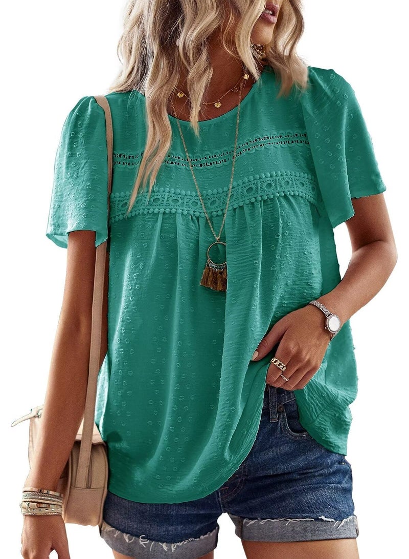 Falechay Dressy Tops Round Neck Flowy Dressy Tunic Tops Babydoll Cute Shirts for Women Pom Pom Loose Short Sleeve Turquoise Blouses Plus Size Clothes XL - Image 1