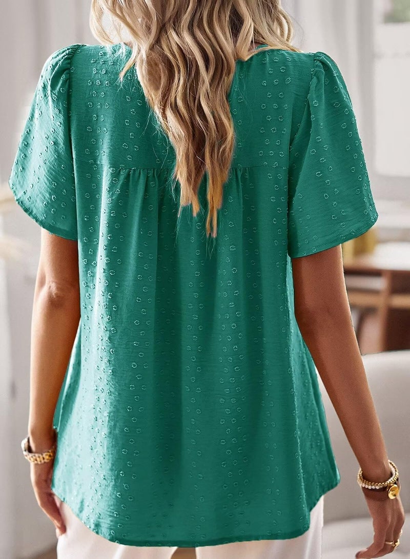 Falechay Dressy Tops Round Neck Flowy Dressy Tunic Tops Babydoll Cute Shirts for Women Pom Pom Loose Short Sleeve Turquoise Blouses Plus Size Clothes XL - Image 3