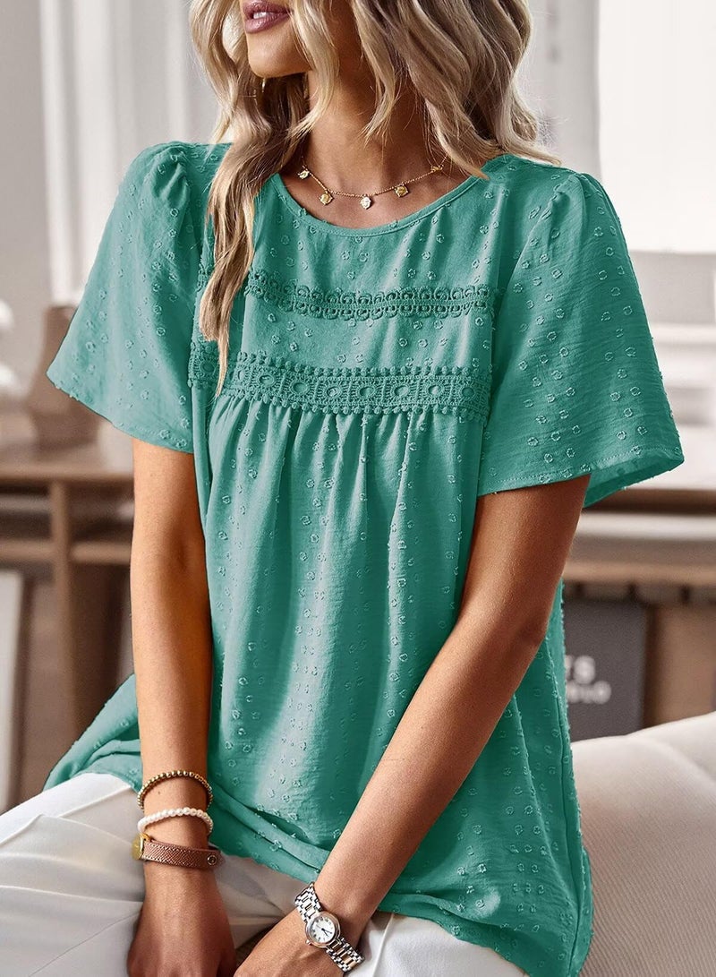 Falechay Dressy Tops Round Neck Flowy Dressy Tunic Tops Babydoll Cute Shirts for Women Pom Pom Loose Short Sleeve Turquoise Blouses Plus Size Clothes XL - Image 2