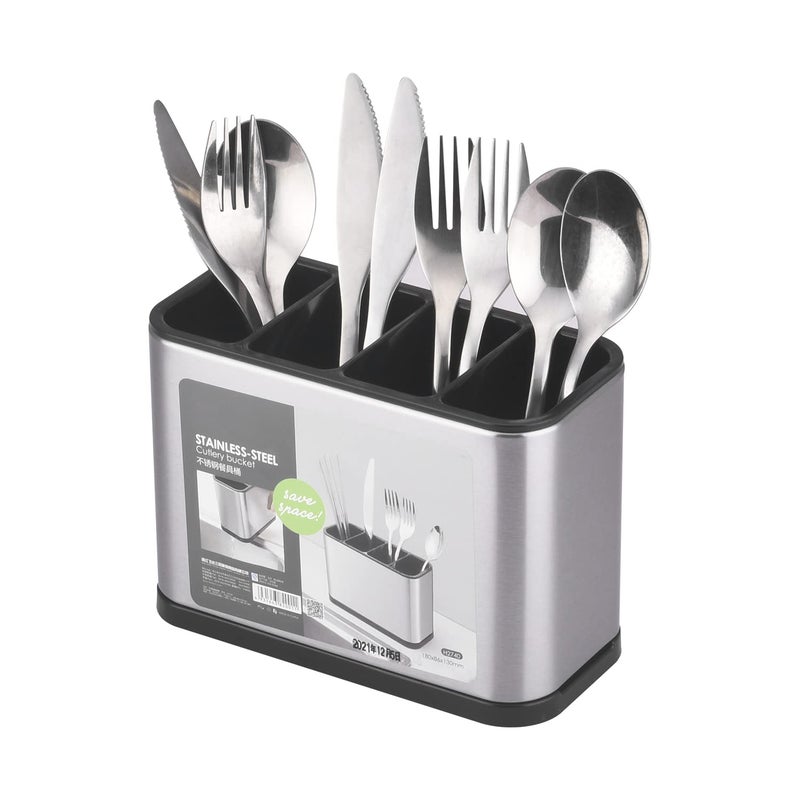 Large Countertop Kitchen Utensil Holder and Flatware Caddy Crafted from Durable Stainless Steel, Featuring a Four-Compartment Divided Organizer for Spoons, Forks, and Spatulas - Image 1