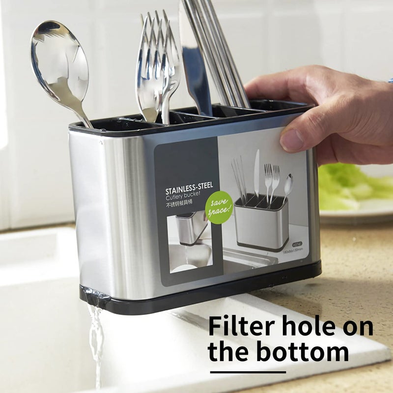 Large Countertop Kitchen Utensil Holder and Flatware Caddy Crafted from Durable Stainless Steel, Featuring a Four-Compartment Divided Organizer for Spoons, Forks, and Spatulas - Image 5
