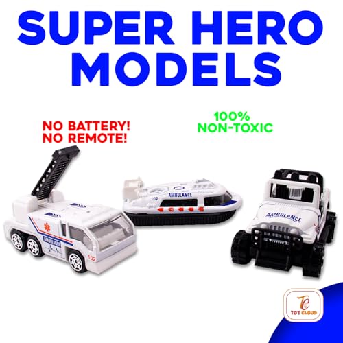 Toy Cloud Free Wheel Die-Cast Metal Ambulance Vehicle Set of 3, 1:64 Scale Model Vehicles Toys (Road Jeep, Hovercraft, and Ladder Truck) - Image 5