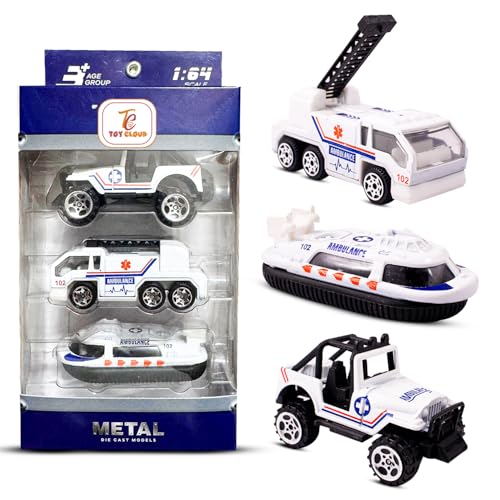 Toy Cloud Free Wheel Die-Cast Metal Ambulance Vehicle Set of 3, 1:64 Scale Model Vehicles Toys (Road Jeep, Hovercraft, and Ladder Truck) - Image 1