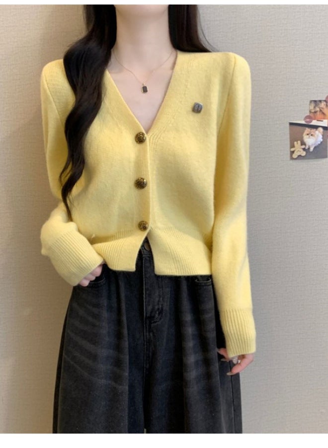 Leyuan Autumn Winter New Solid Color Petite V-neck Long Sleeve Knitted Cardigan Coat Lazy Style Women's Sweater - Image 4