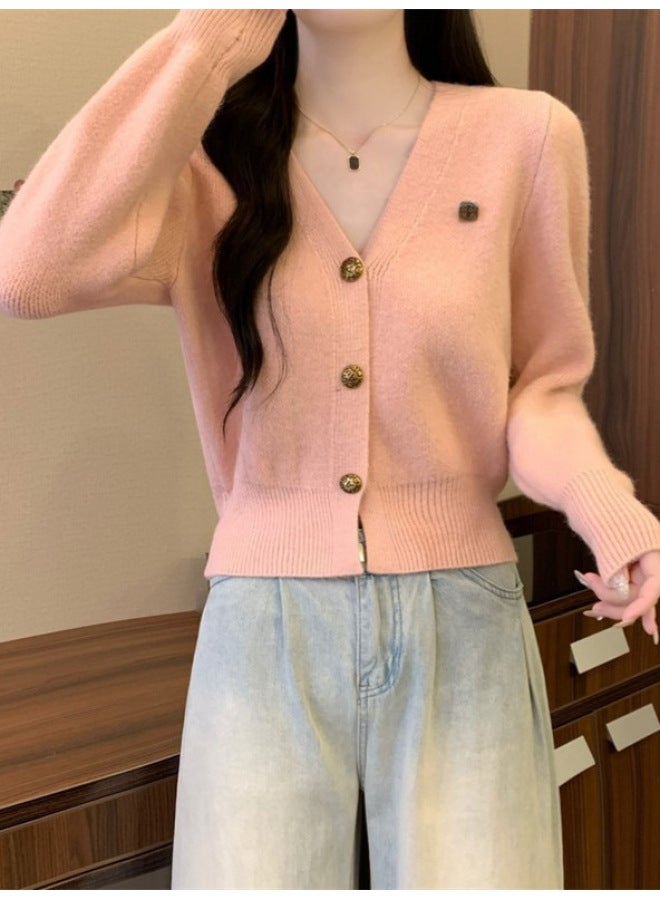 Leyuan Autumn Winter New Solid Color Petite V-neck Long Sleeve Knitted Cardigan Coat Lazy Style Women's Sweater - Image 2