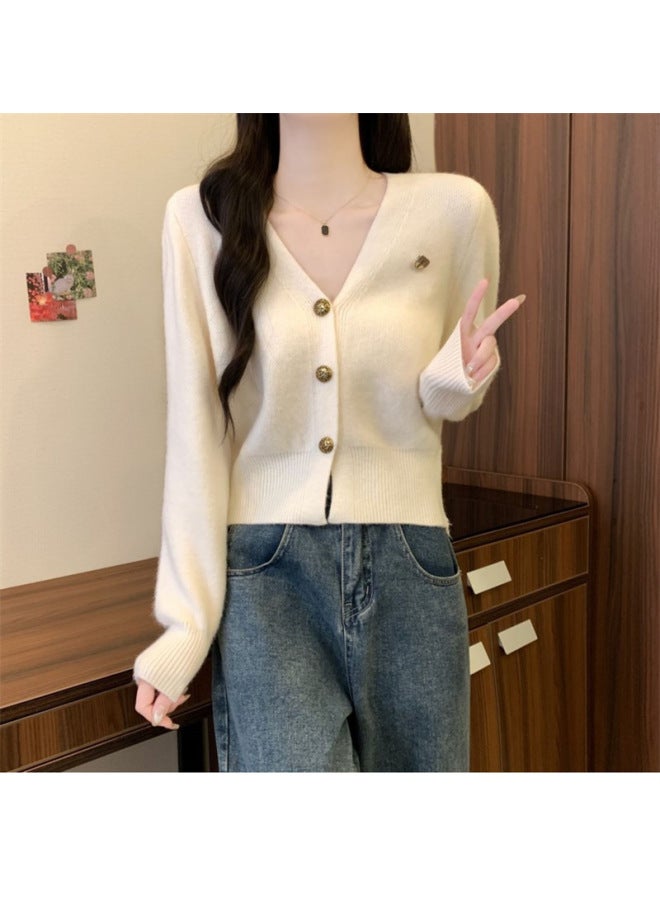 Leyuan Autumn Winter New Solid Color Petite V-neck Long Sleeve Knitted Cardigan Coat Lazy Style Women's Sweater - Image 1
