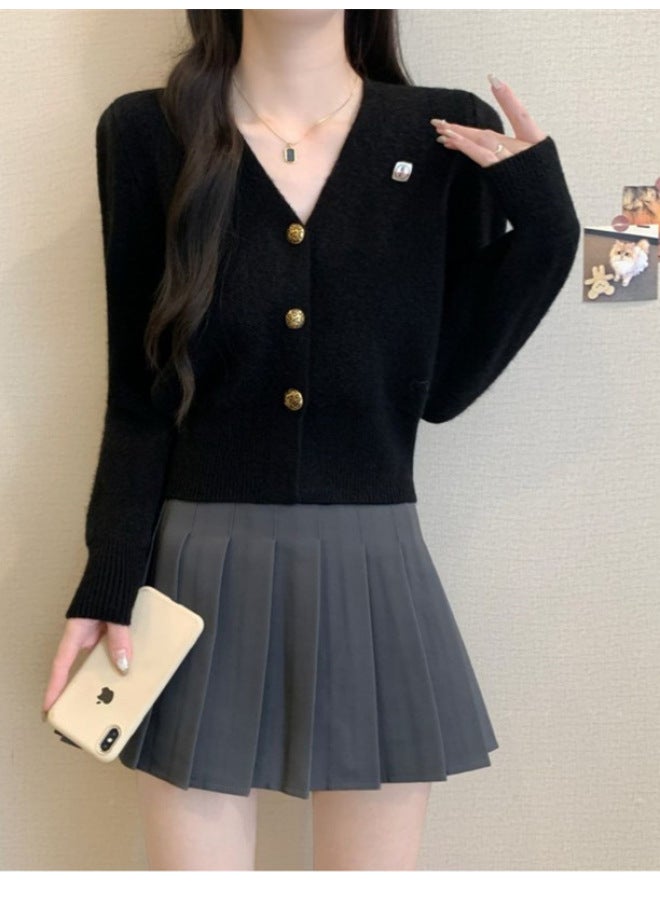 Leyuan Autumn Winter New Solid Color Petite V-neck Long Sleeve Knitted Cardigan Coat Lazy Style Women's Sweater - Image 3