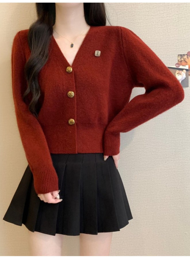 Leyuan Autumn Winter New Solid Color Petite V-neck Long Sleeve Knitted Cardigan Coat Lazy Style Women's Sweater - Image 5