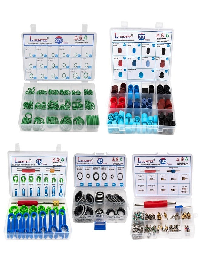 Luumtee 5 Set Car A/C Repair Kits,270pcs O-Ring Seals Kit+102PCS A/C Valve Core Kit+77pcs Charging Port Dust Caps+16pcs AC Fuel Line Disconnect Tool Set+45pcs Compressor Gasket Seals(510PCS) - Image 1