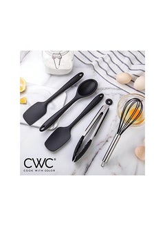 COOK WITH COLOR WITH COLOR Silicone Cooking Utensils, 5 Pc Kitchen Utensil Set, Easy to Clean Silicone Kitchen Utensils, Cooking Utensils for Nonstick Cookware, Kitchen Gadgets Set (Black with Stainless Steel)  - Image 5