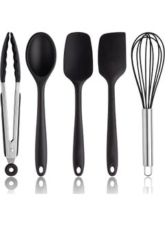 COOK WITH COLOR WITH COLOR Silicone Cooking Utensils, 5 Pc Kitchen Utensil Set, Easy to Clean Silicone Kitchen Utensils, Cooking Utensils for Nonstick Cookware, Kitchen Gadgets Set (Black with Stainless Steel)  - Image 1