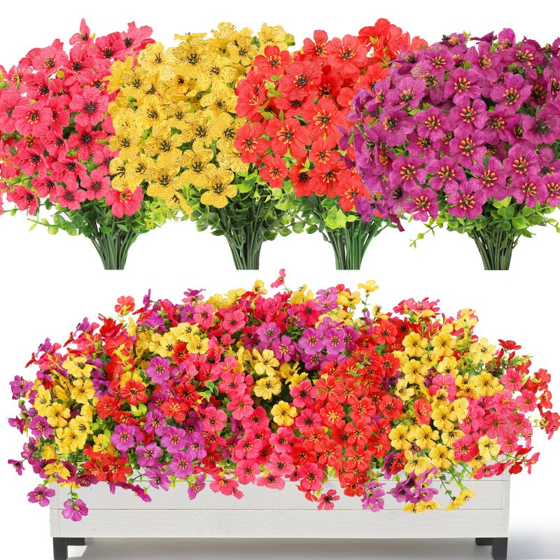 SAEUYVB Artificial Flowers for Outdoors,16 Bundles Fake Flowers with Violets & Eucalyptus Leaves in 4 Vibrant Colors,UV Resistant Artificial Outdoor Flowers for Garden Porch Patio Decor - Image 1