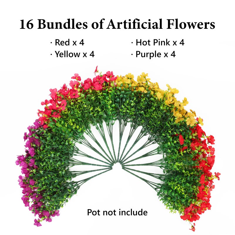 SAEUYVB Artificial Flowers for Outdoors,16 Bundles Fake Flowers with Violets & Eucalyptus Leaves in 4 Vibrant Colors,UV Resistant Artificial Outdoor Flowers for Garden Porch Patio Decor - Image 3