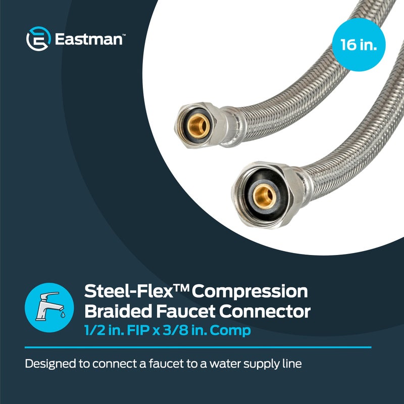 Eastman 16 inch Steel-Flex Braided Faucet Connector, 1/2 Inch FIP x 3/8 Inch Compression, Stainless Steel Faucet Supply Line, 48004 - Image 2
