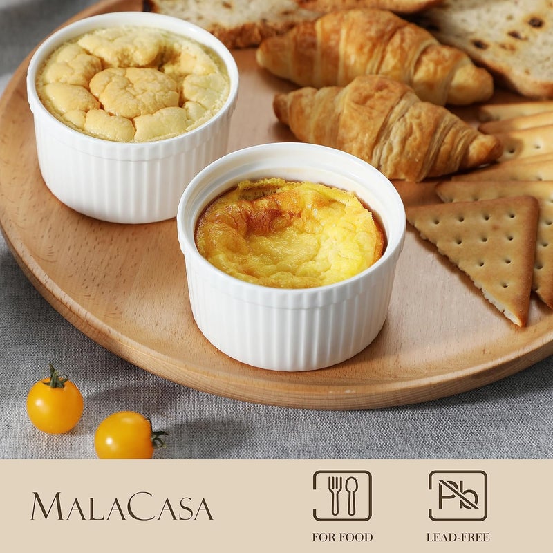 MALACASA أوعية راميكن مع أغطية سعة 8 أونص - مجموعة من 6، خزف أبيض لأوعية كريمة بروليه وسوفيليه مع أغطية، أكواب كاسترد سيراميكية للخبز، آمنة في غسالة الصحون والفرن، سلسلة راميكن-ديش - Image 3