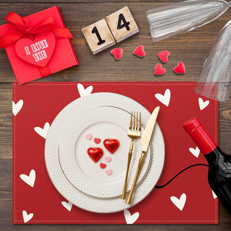 Jectivs Valentineâ€™s Day Table Placemats Decorations,12 x 18 Inch Red Love Heart Placemats Set of 4 Farmhouse Dining Table Place Mats Valentines Seasonal Anniversary Weeding Holiday Kitchen Table Home Decor - Image 4