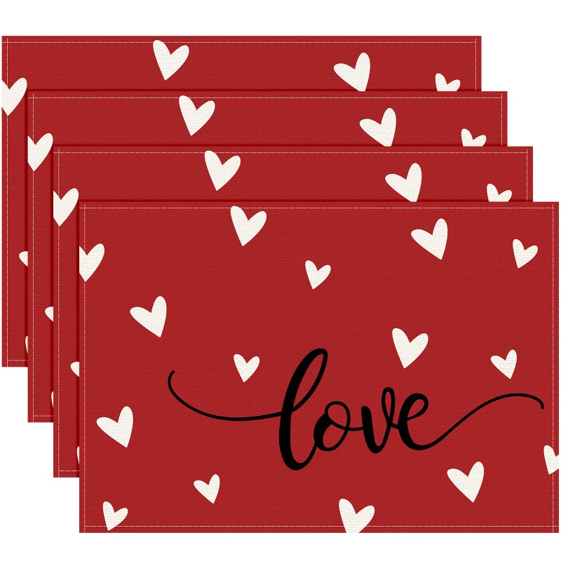 Jectivs Valentineâ€™s Day Table Placemats Decorations,12 x 18 Inch Red Love Heart Placemats Set of 4 Farmhouse Dining Table Place Mats Valentines Seasonal Anniversary Weeding Holiday Kitchen Table Home Decor - Image 1