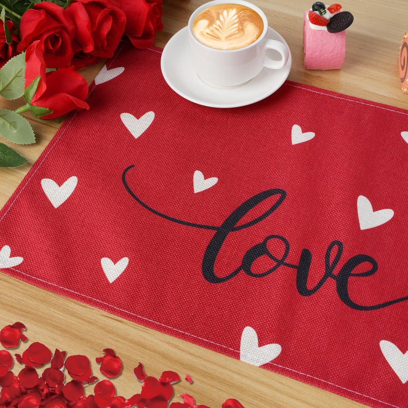 Jectivs Valentineâ€™s Day Table Placemats Decorations,12 x 18 Inch Red Love Heart Placemats Set of 4 Farmhouse Dining Table Place Mats Valentines Seasonal Anniversary Weeding Holiday Kitchen Table Home Decor - Image 5