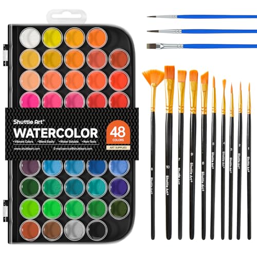 Shuttle Art 58 Pack Watercolor Paint Set 48 Colors Watercolor Pan with 10 Paint Brushes for Beginners Artists Kids Adults to Water Color Paint Bullet Journal Calligraphy Practice - Image 1