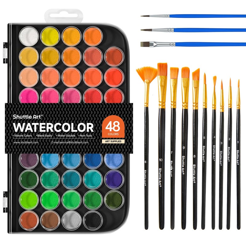 Shuttle Art 58 Pack Watercolor Paint Set 48 Colors Watercolor Pan with 10 Paint Brushes for Beginners Artists Kids Adults to Water Color Paint Bullet Journal Calligraphy Practice - Image 2
