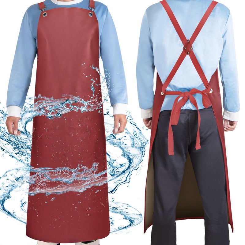 SHEOMERN Waterproof Rubber Aprons for Women Heavy Duty Vinyl Dishwasher Apron Adjustable Cross Back Strap for Dishwasher Butcher Dog Grooming Chemical Resistant 43 Long Thicker Apron Red