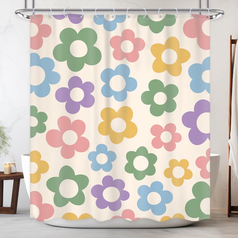 Newsely Cute Retro Flower Shower Curtain for Bathroom 60Wx72H Inch Groovy Danish Pastel Colorful Vintage Floral Lovely Shower Curtain Bathroom Set for Girls Woman Waterproof Accessories Home Decor