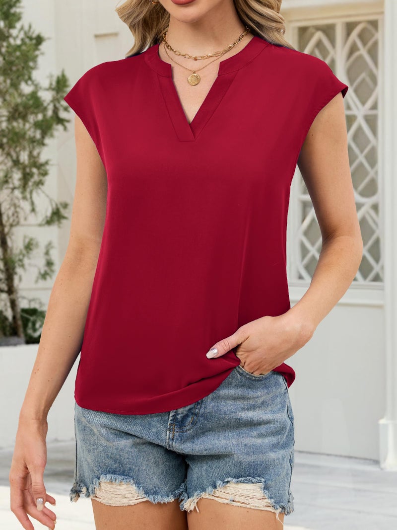 Funlingo Womens Blouses Dressy Casual Short Sleeve V Neck Summer Tops Fashion Flowy Work Blouses Office Clothes 2026 Red L - Image 5