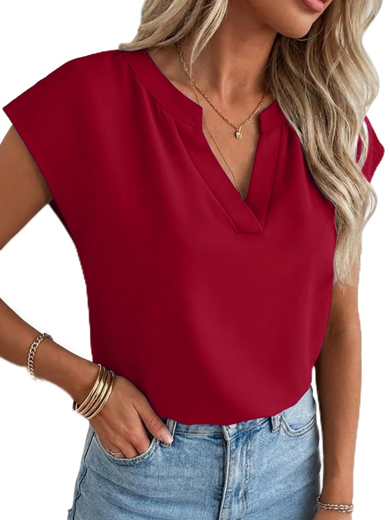Funlingo Womens Blouses Dressy Casual Short Sleeve V Neck Summer Tops Fashion Flowy Work Blouses Office Clothes 2026 Red L - Image 1