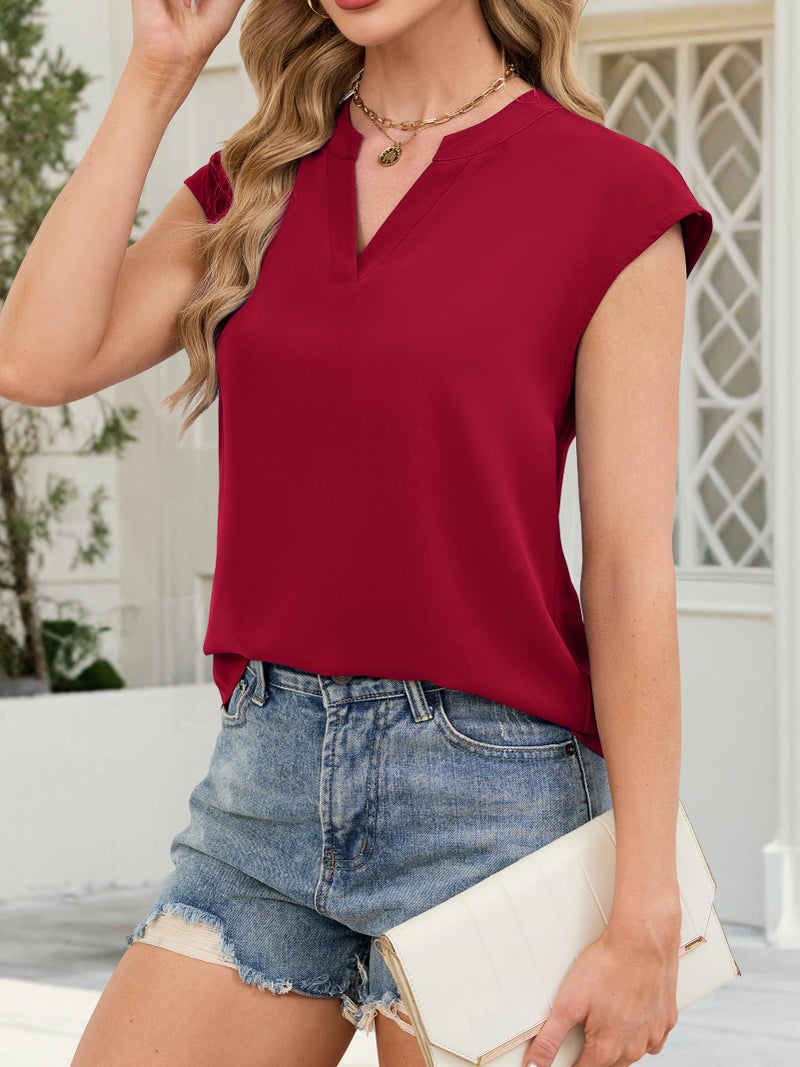 Funlingo Womens Blouses Dressy Casual Short Sleeve V Neck Summer Tops Fashion Flowy Work Blouses Office Clothes 2026 Red L - Image 3