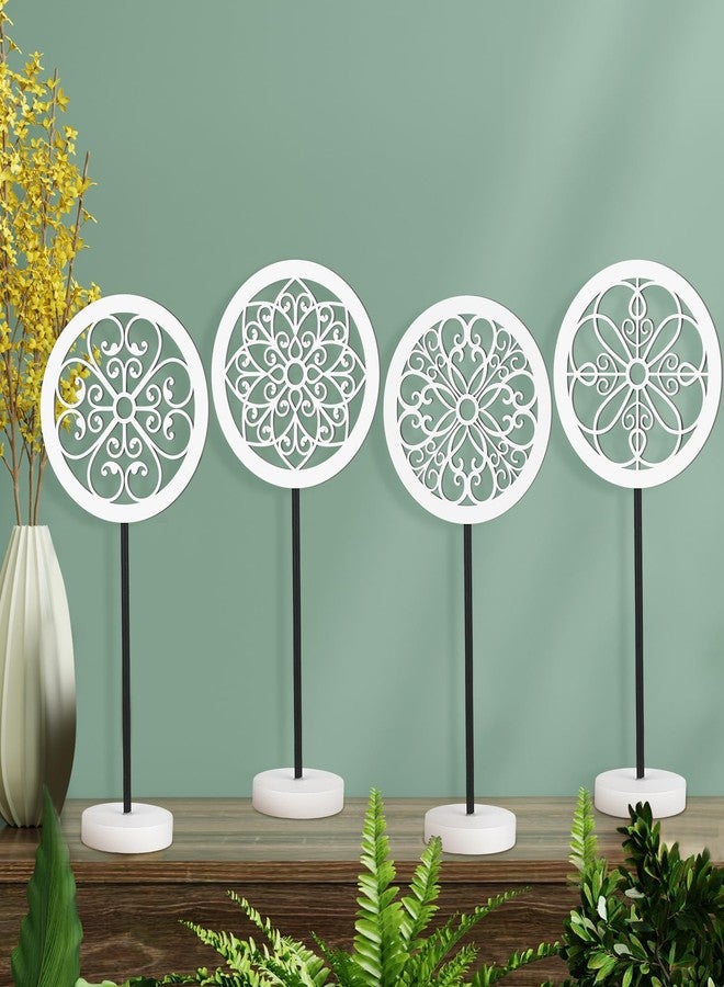 Beeveer 4 Pcs Wooden Carved Cutout Above Cabinet Decor Kitchen White Flower Medallion Sculpture Rustic Distressed Tabletop Decor Farmhouse Geometric Pattern Statue for Living Room Bedroom Desktop - Image 1