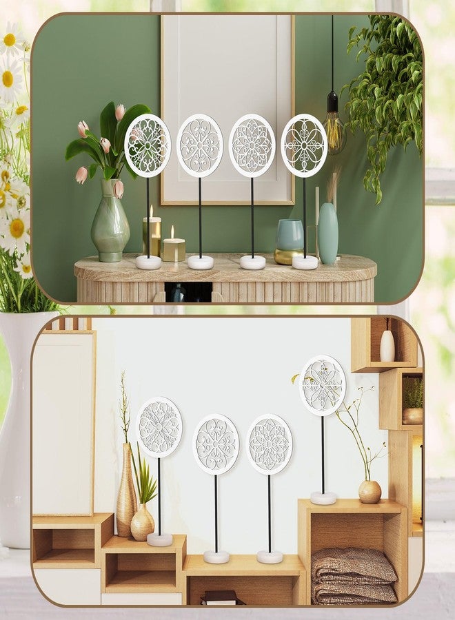 Beeveer 4 Pcs Wooden Carved Cutout Above Cabinet Decor Kitchen White Flower Medallion Sculpture Rustic Distressed Tabletop Decor Farmhouse Geometric Pattern Statue for Living Room Bedroom Desktop - Image 5