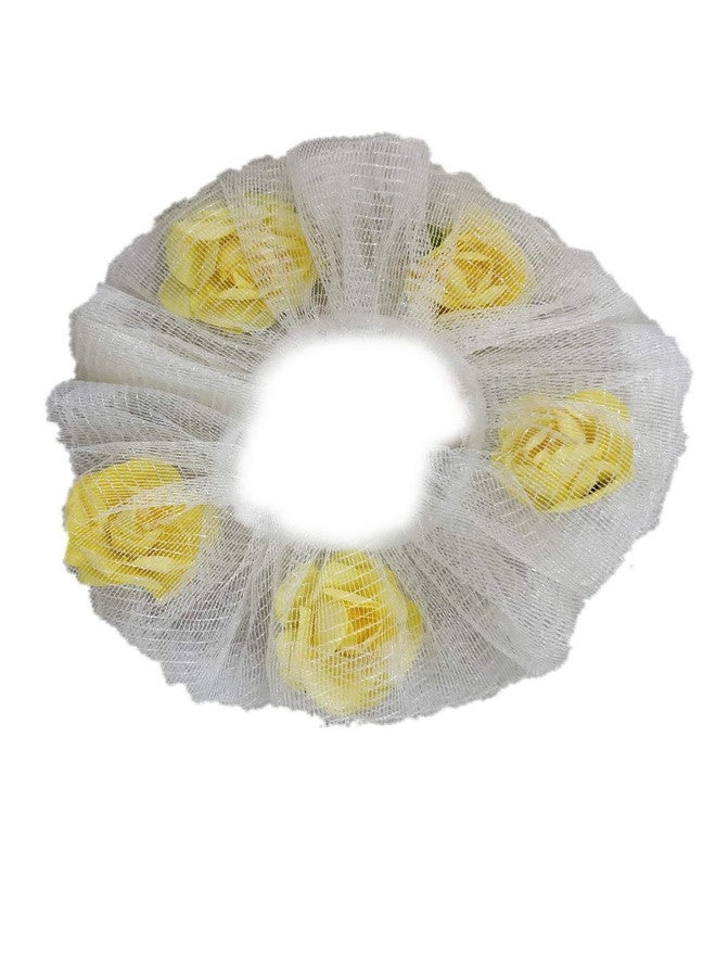 IBDA ربطات شعر بيضاء شفافة من التول/الشبك القوي على شكل وردة صفراء من IBDA (عبوة من قطعتين)، حامل ذيل حصان، مصنوعة يدويًا بربطة شعر مزينة بكرات، إكسسوارات عصابة رأس (مقاس قابل للتعديل). - Image 3