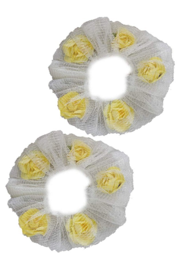 IBDA ربطات شعر بيضاء شفافة من التول/الشبك القوي على شكل وردة صفراء من IBDA (عبوة من قطعتين)، حامل ذيل حصان، مصنوعة يدويًا بربطة شعر مزينة بكرات، إكسسوارات عصابة رأس (مقاس قابل للتعديل). - Image 1