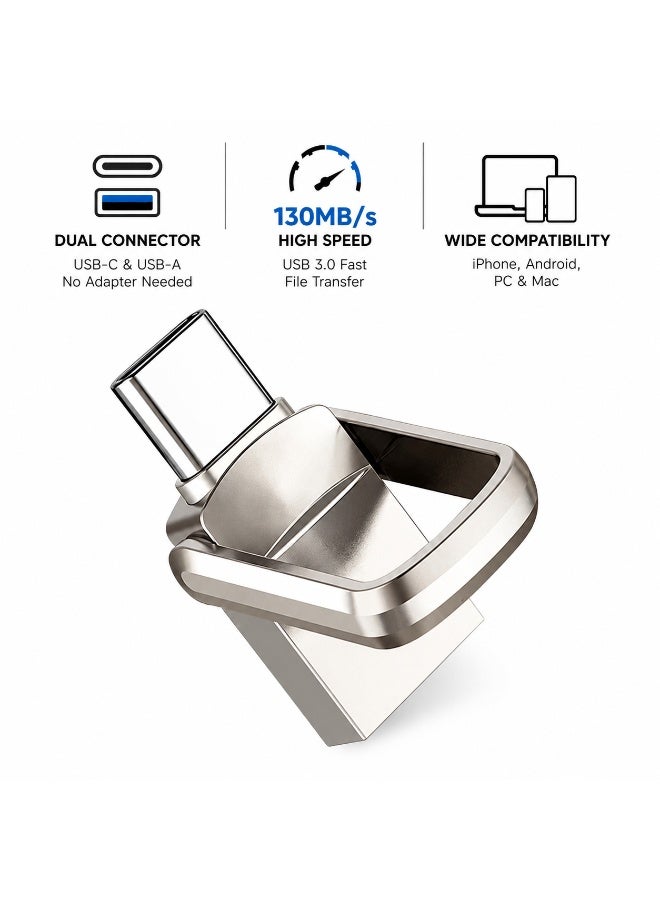 Mini USB 3.2 Type C and Type Flash Drive for Storage Expansion, Photo Backup for iPhone 15, up to 130MB/s, Metal Case and Design 64GB - Image 1