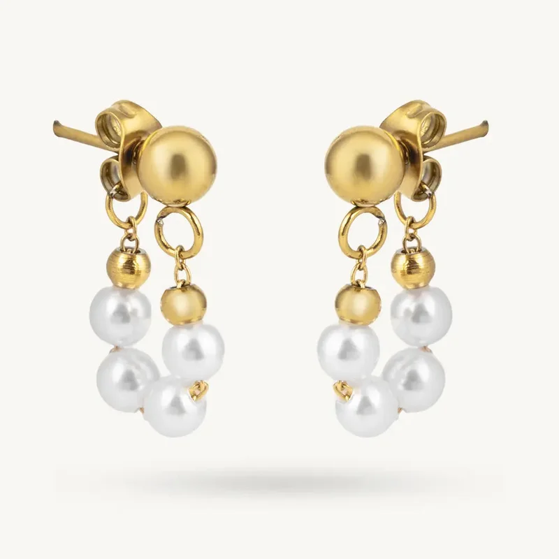 بالموناس 18K Gold Tone Plated Pearl Arc Hoop Earring For Women - Waterproof & Anti-Tarnish