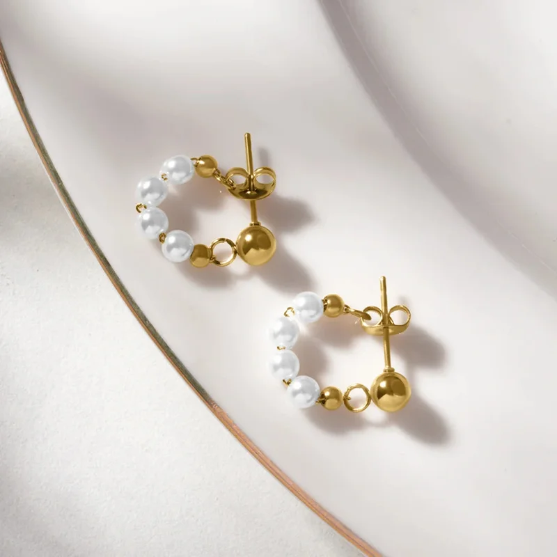 بالموناس 18K Gold Tone Plated Pearl Arc Hoop Earring For Women - Waterproof & Anti-Tarnish