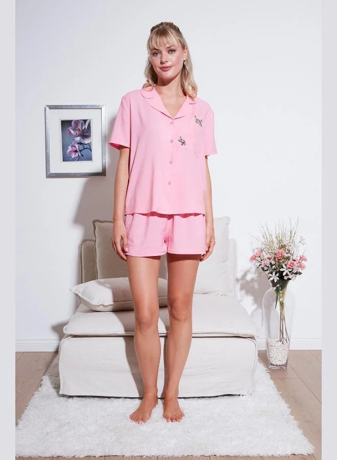 ليلا طقم بيجامة ليلا نسائي قصير الأكمام بياقة قميص وخصر مطاطي