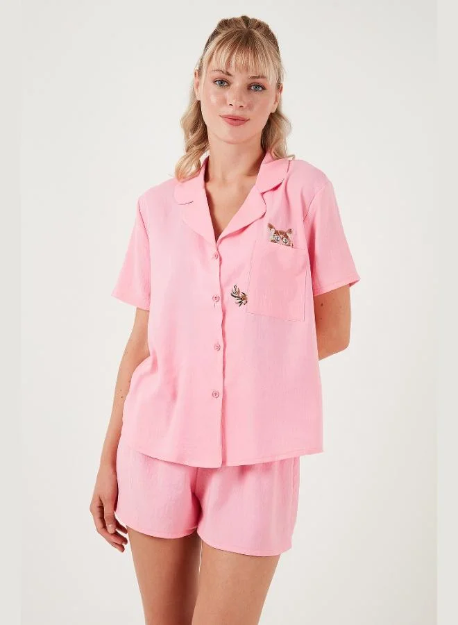 ليلا طقم بيجامة ليلا نسائي قصير الأكمام بياقة قميص وخصر مطاطي