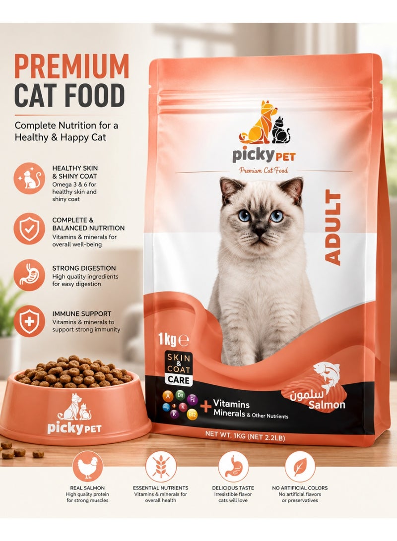 Picky Pet Premium Adult Cat Food – Salmon Flavor | Complete & Balanced Nutrition | 1 kg Dry Cat Food - Image 1