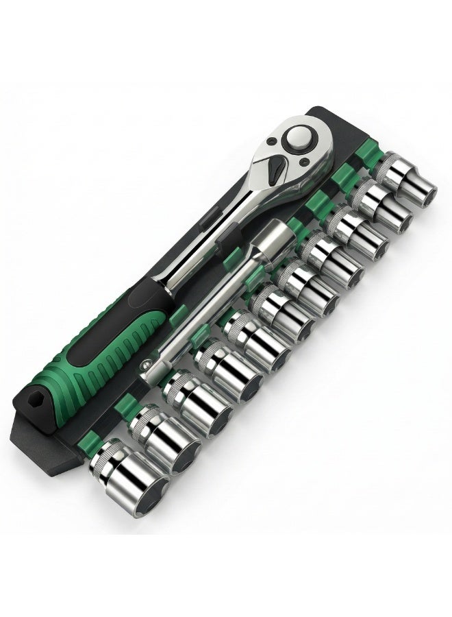 Manful 12Pcs Socket Wrench Set with Ratchet Handle – Steel Socket Tool Kit with Extension Bars, Universal Joint & Metal Storage Case (Grey) - Image 1