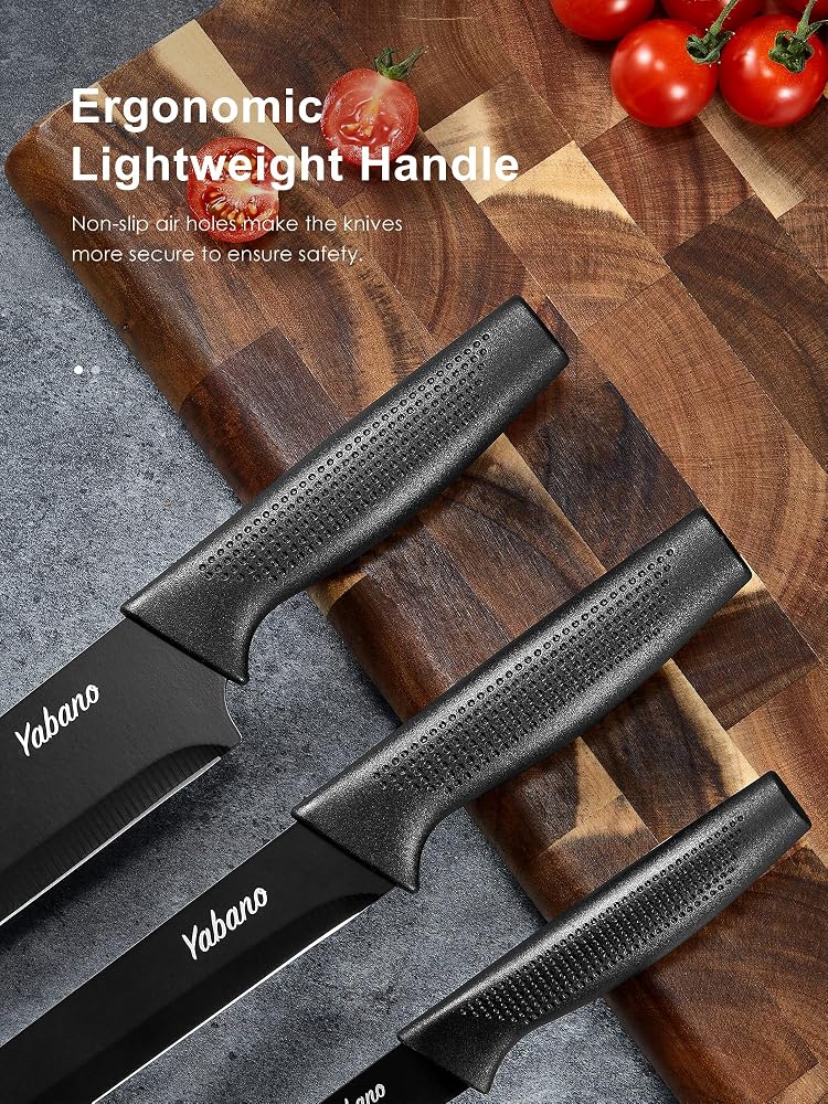 Yabano knife set, 14-piece knife block set with built-in sharpener, sharp black kitchen knife set with block, dishwasher safe - Image 5