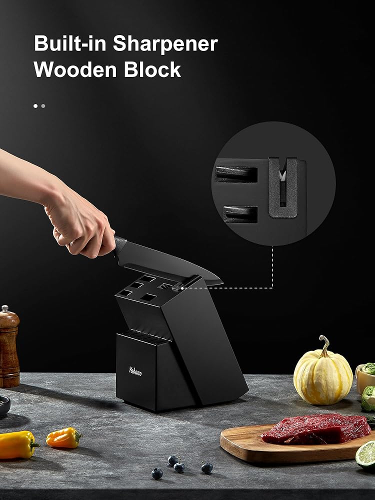 Yabano knife set, 14-piece knife block set with built-in sharpener, sharp black kitchen knife set with block, dishwasher safe - Image 3