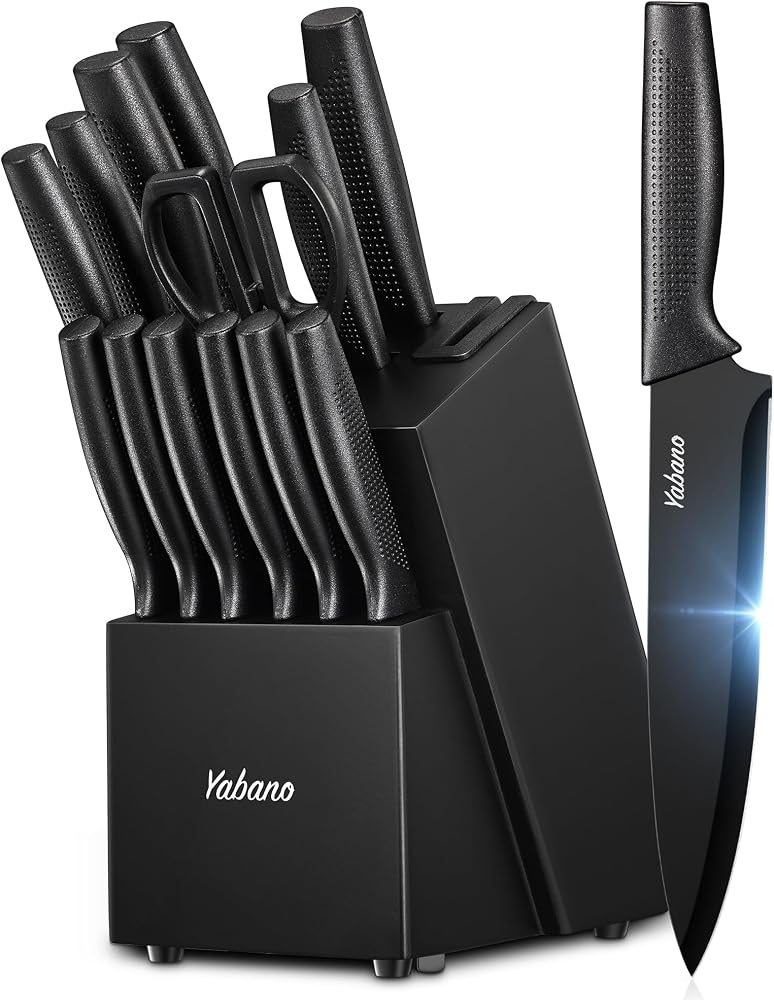 Yabano knife set, 14-piece knife block set with built-in sharpener, sharp black kitchen knife set with block, dishwasher safe - Image 1